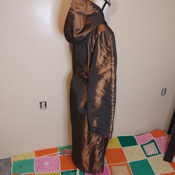 Newsport News Size 12 Bronze Shiny Long Acetate Nylon Coat Button Vintage Brown - Picture 10 of 16